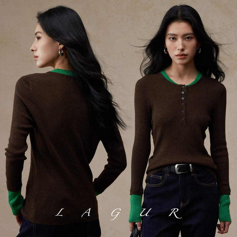 Lagur [Layered Layering] Wool & Cashmere Blended Henry Bottoming Top Women's Contrast Color Knitted Sweater