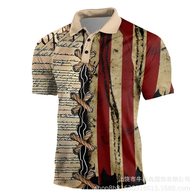 跨境欧美2025新款休闲男士短袖亨利独立日元素两扣男士插肩POLO衫|undefined