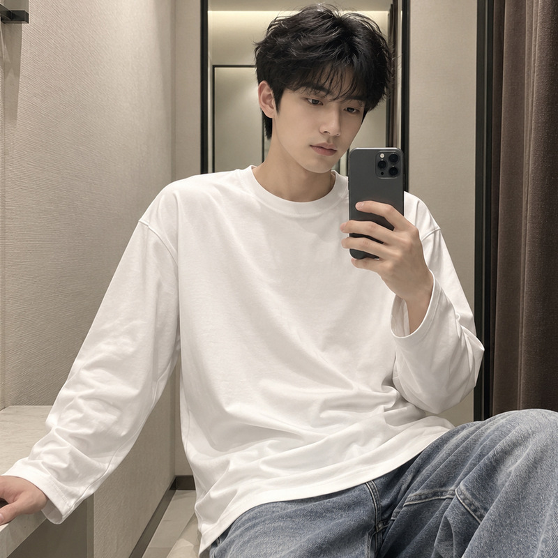 Men's pure cotton long-sleeve T-shirt, 200g, autumn/winter collection, made with Xinjiang cotton, simple solid color, round neck, loose fit, suitable as an undershirt Men's pure cotton long-sleeve T-shirt, 200g, autumn/winter collection, made with Xinjiang cotton, simple solid color, round neck, loose fit, suitable as an undershirt