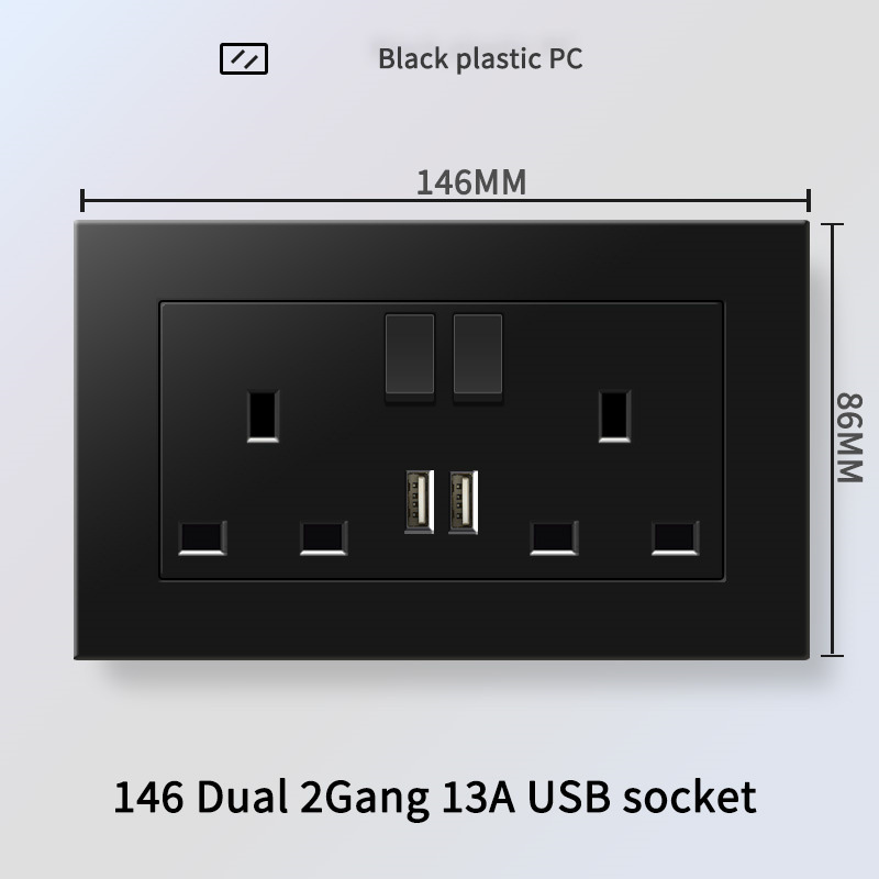 Cross-border foreign trade British 13A port version socket USB with Type-c British standard electrical switch PC flame retardant black panel