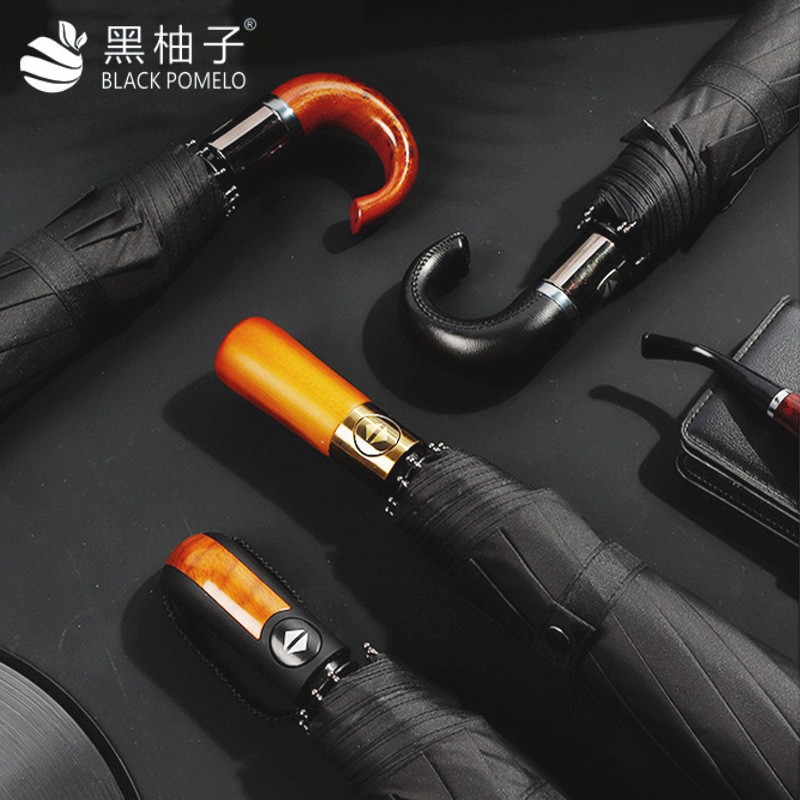 Paraguas automático de 10 huesos de apertura automática y recepción de pegamento negro opaco protección solar paraguas de sol mango curvo paraguas triple logotipo publicitario