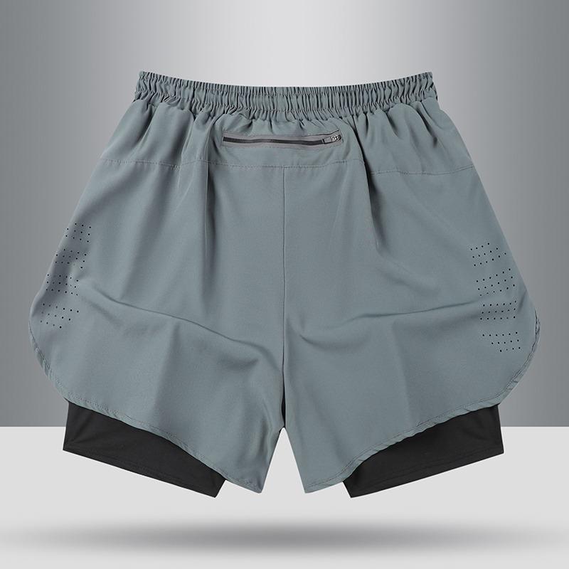 Men's high-elasticity, three-quarter-length athletic shorts, featuring a faux two-piece design, suitable for marathons, with an inner lining, quick-drying, breathable, and designed to prevent exposure during running