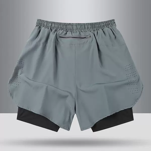 Men's high-elasticity, three-quarter-length athletic shorts, featuring a faux two-piece design, suitable for marathons, with an inner lining, quick-drying, breathable, and designed to prevent exposure during running