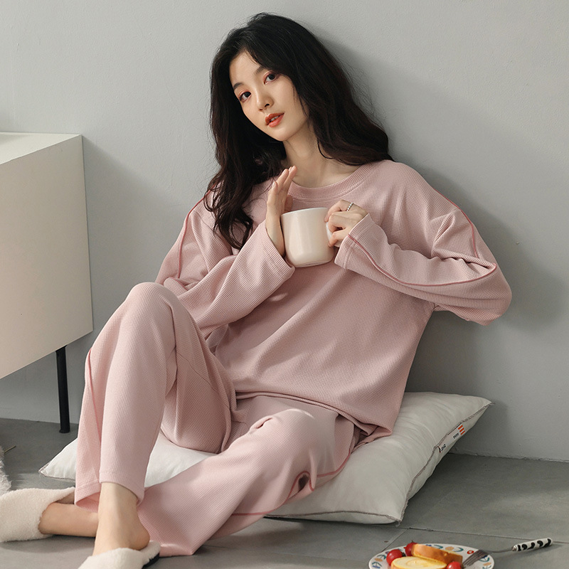 Waffle Cotton Pajamas Women's Spring and Autumn Cotton New Winter Long-sleeved High-end Home Wear Outfit 0086