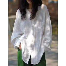 2025早秋慵懒松弛文艺基础款 白色亚麻宽松大衬衫