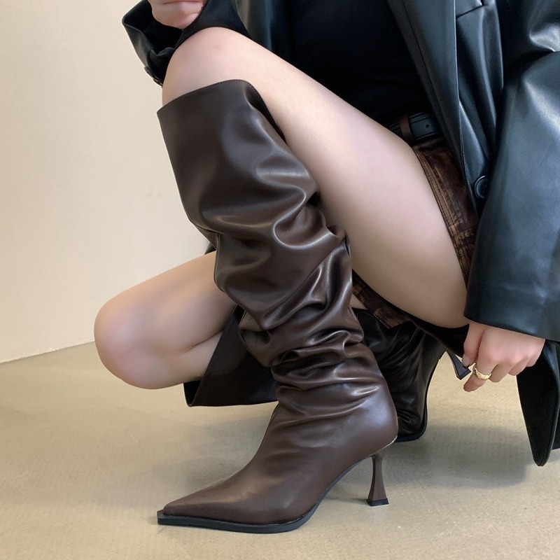 326-1ブーツの女性の長い筒の高い筒の厚い底の2024のハイヒールの百合の後でファスナーの細いかかとのファッションの積み重ねのブーツ