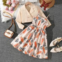 跨境女童连衣裙套装米黄色翻领短外套吊带裙树叶印花儿童秋两件套