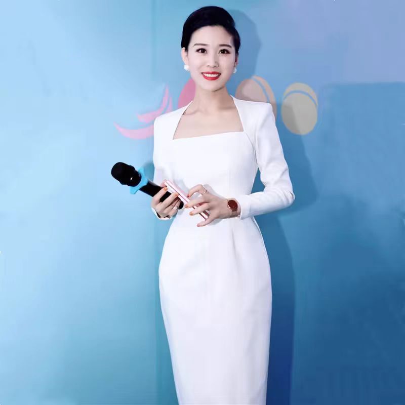 White Square Collar Long Sleeve Annual Meeting Host Evening Dress Female Banquet Elegant Celebrity Birthday Party Evening Dress White Square Collar Long Sleeve Annual Meeting Host Evening Dress Female Banquet Elegant Celebrity Birthday Party Evening Dress