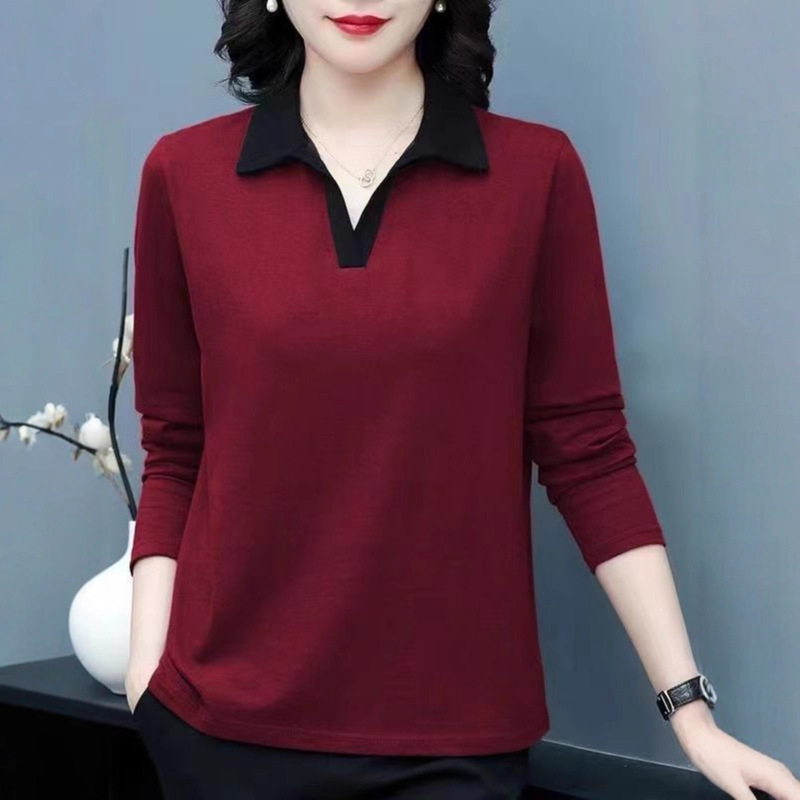 Polo Collar Long-Sleeved T-Shirt Women's Cotton Spring & Fall 2025 New Loose Large Size Mother's Wear Lapel Bottoming Shirt Top