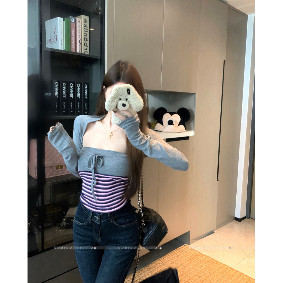 2025新款韩系套装女秋季长袖开衫上衣显瘦抹胸上衣两件女