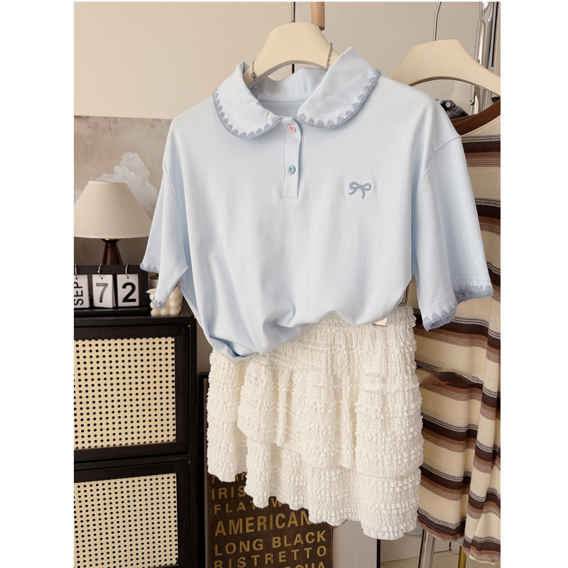 Cross-Border Plus Size 120kg Embroidered Loose-Fitting Korean Style Pure Cotton Short-Sleeve T-Shirt for Women with Polo Collar, Stylish and Trendy for Students Cross-Border Plus Size 120kg Embroidered Loose-Fitting Korean Style Pure Cotton Short-Sleeve T-Shirt for Women with Polo Collar, Stylish and Trendy for Students