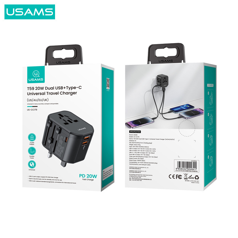 USAMS enchufe de viaje multifunción a enchufe de conversión global convertidor de enchufe de conversión USB cabeza de carga