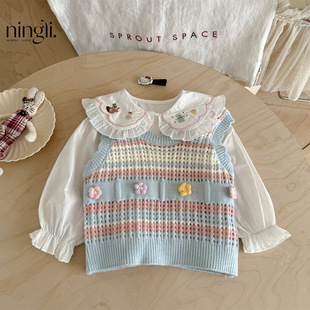 Ningli Girls Shirt Vest Suit Spring and Autum New Little Girl Baby Doll Collar Two-Piece Set Kidsren's Autum Clothing