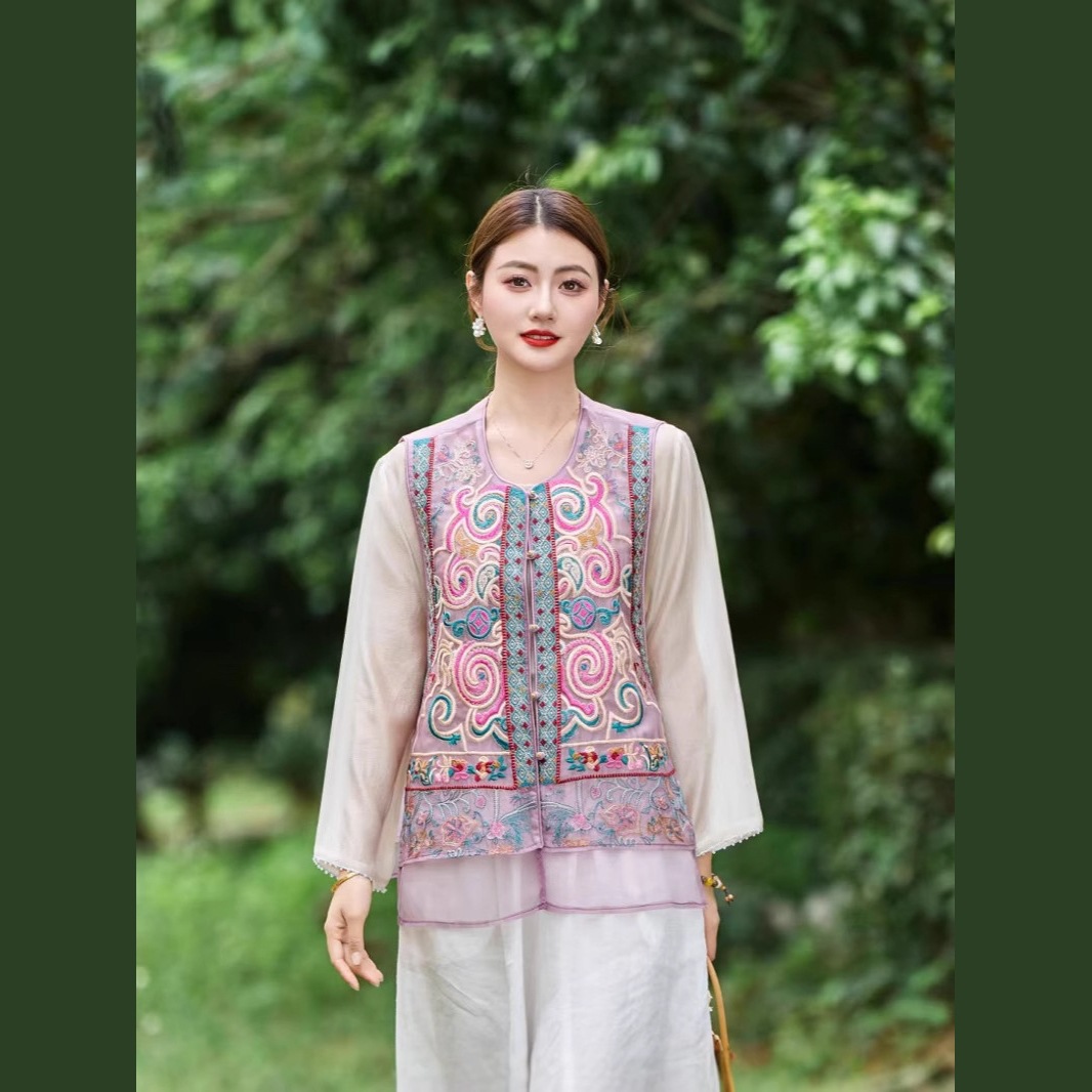 Organza Heavy Embroidery Vest for Women 2026 Summer New Style Round Neck Sleeveless Loose Vest Chinese Style Waistcoat