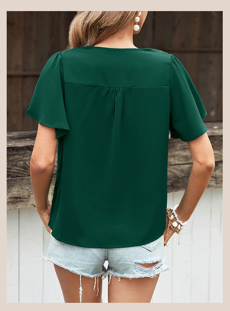 Solid Color V-neck Folds Shirt_voghion.com