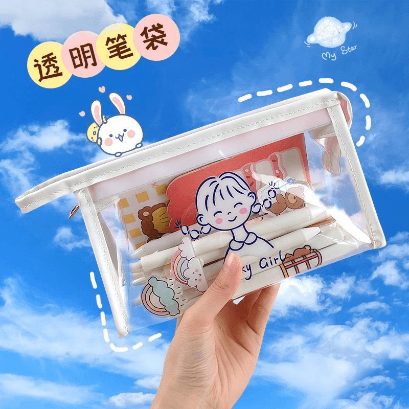 日系insシンプル透明防水pvc少女心鉛筆袋かわいい学生大容量化粧品収納バッグ|undefined