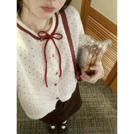 PtonUmi 奶盐咸桃少女感爱心提花针织开衫女秋冬短款宽松毛衣外套