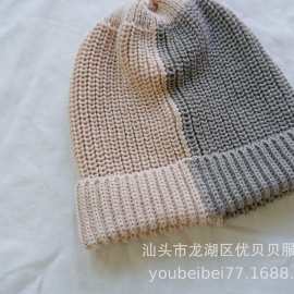 INS新生儿针织帽子套装冬日儿童冬季双色珠地保暖帽针织帽毛线帽