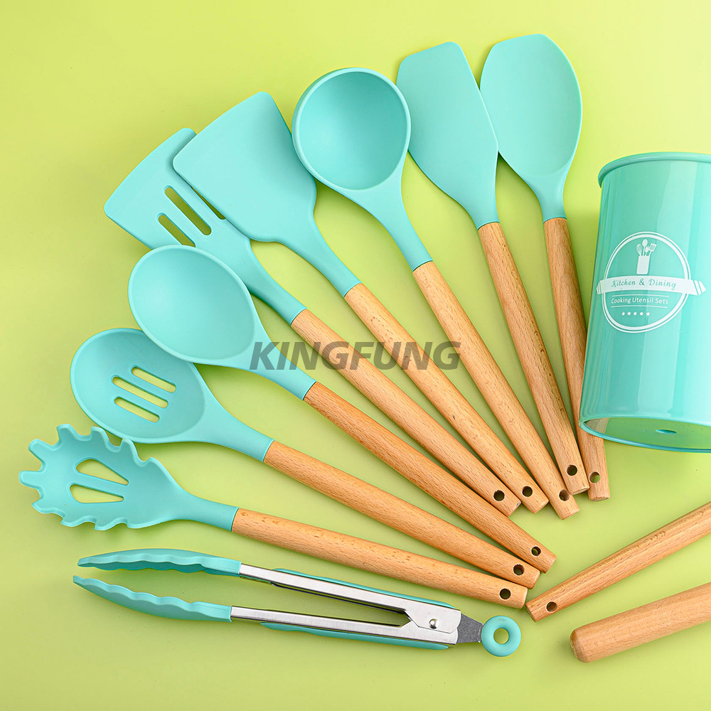 Juego de utensilios de cocina de silicona con mango de madera de haya, 12 piezas, espátula de cocina, cuchara de cocina, juego de utensilios de cocina antideslizantes