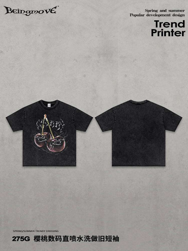 Calle secada| Nueva marca de marea americana retro negro metal viento camiseta lavado con agua hacer viejo suelto caer hombro manga corta hombre