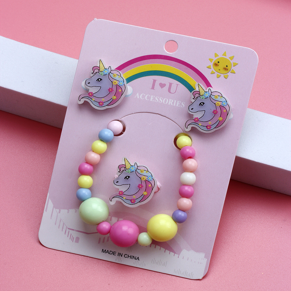 Cute Unicorn Resin Beaded No Inlaid Rings Bracelets Earrings 3 Piece Set