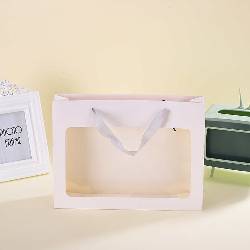 长方形透明开窗礼品手提纸袋透明膜塑料袋送礼生日鲜花包装袋大容