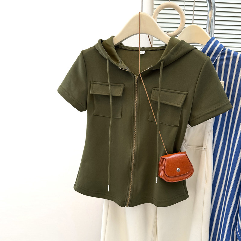 Cross-Border Real-Shot Hooded Short-Sleeve T-Shirt for Women, Summer Korean Style, Loose Fit, Slimming, Solid Color Half-Sleeve Top, Foreign Trade Cross-Border Real-Shot Hooded Short-Sleeve T-Shirt for Women, Summer Korean Style, Loose Fit, Slimming, Solid Color Half-Sleeve Top, Foreign Trade