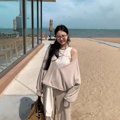秋季套装女装爱心镂空绑带背心慵懒V领卫衣上衣直筒阔腿休闲裤子