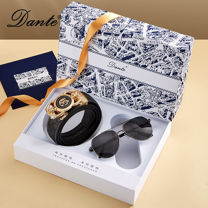 2025 Chinese Valentine's Day New Fashion Men's Gift Automatic Buckle First-Layer Cowhide Belt Sunglasses Two-Piece Suit Gift Box