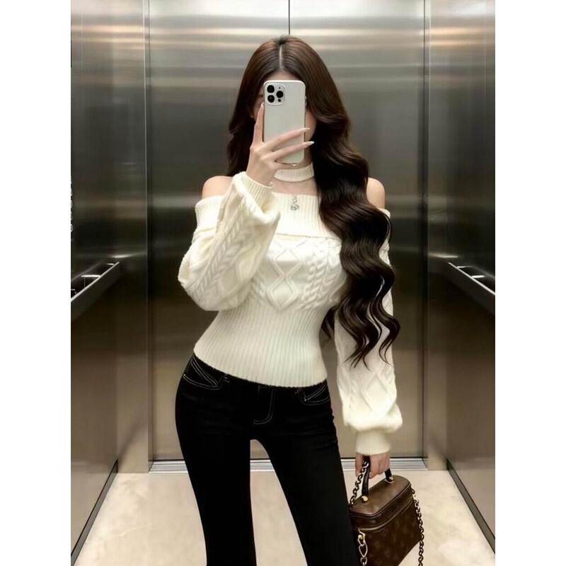 Real Price [Original Quality Three-Strand Sheep Wool] Off-Shoulder Cable Knit Sweater for Women, Autumn and Winter, Waist-Cinching Short Style