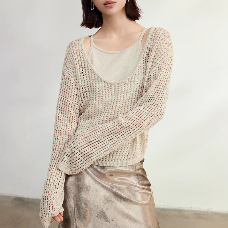Design-Inspired Niche Hollow-Out Linen Knit Cover-Up with Camisole Two-Piece Set, New Women's Spring Top