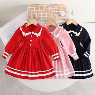 Children's Autumn and Winter Dress Girl's New Candy Color Reverse Collar Collar Side Flower Sweater Dress for Baby Girl