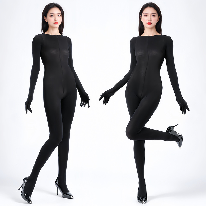 Autumn and Winter Velvet Five-Finger Jumpsuit, Medium Thick, Warm, Tight, High Elasticity, Sexy Open Crotch, No Need to Take Off, Sexy One-Piece Stockings