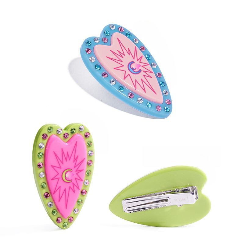 甜酷女孩水鑽愛心醋酸邊夾Y2K小眾設計多巴胺彩色鴨嘴夾發繩髮飾