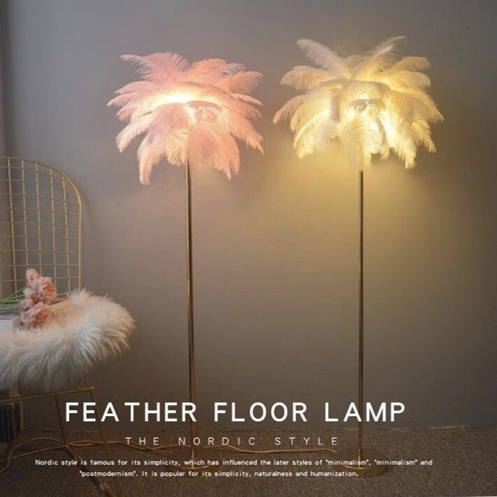 Trendy Feather Floor Lamp Wedding Aisle Lamp Ostrich Feather Nordic Living Room Coffee Table Shelf Standing Lamp