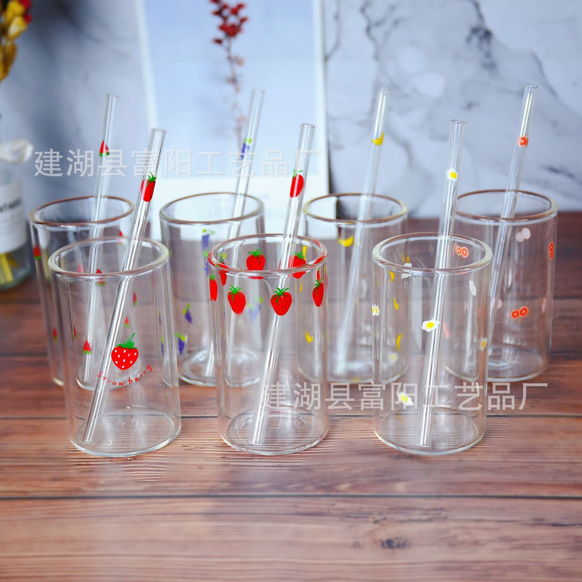 Lindo ins estilo chica corazón calefacción borosilicato resistente al calor transparente fresa impreso leche jugo vidrio paja taza