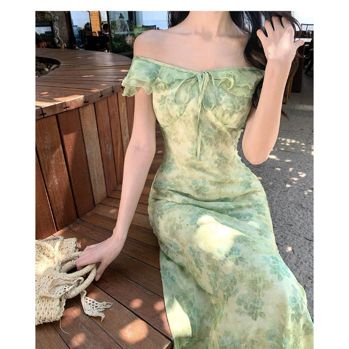 海边度假绿色碎花小飞袖连衣裙温柔气质独特绝美收腰沙滩长裙|undefined