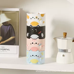 Stackable ceramic cat mugs, 301–400 ml, giftable home coffee cups, white/black/fuchsia/blue