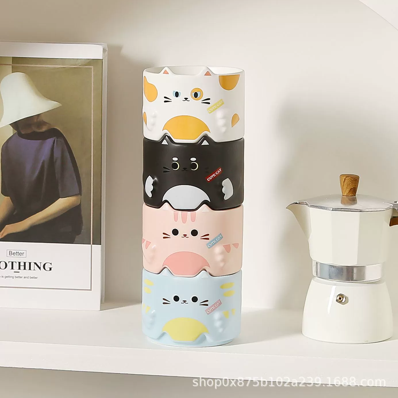 Stackable ceramic cat mugs, 301–400 ml, giftable home coffee cups, white/black/fuchsia/blue