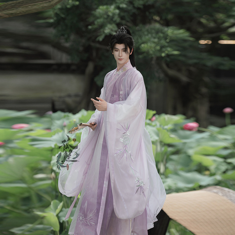 Luozhu [Wenshi] Original Hanfu Unisex Cross-Collar Long Shirt with Embroidered Double Layers, Flowing Sleeves, and Ancient Style Embroidery