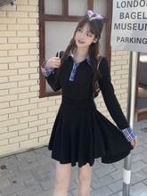 大码女装胖mm纯欲格子拼接Polo领长袖连衣裙2025秋季气质显瘦裙子