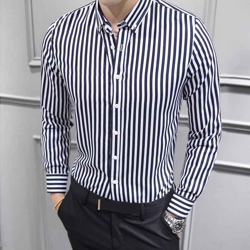 Camisas de manga larga para hombres Ropa de moda coreana para hombres guapos Tops de otoño para hombres de marca de moda Camisa larga a rayas casual