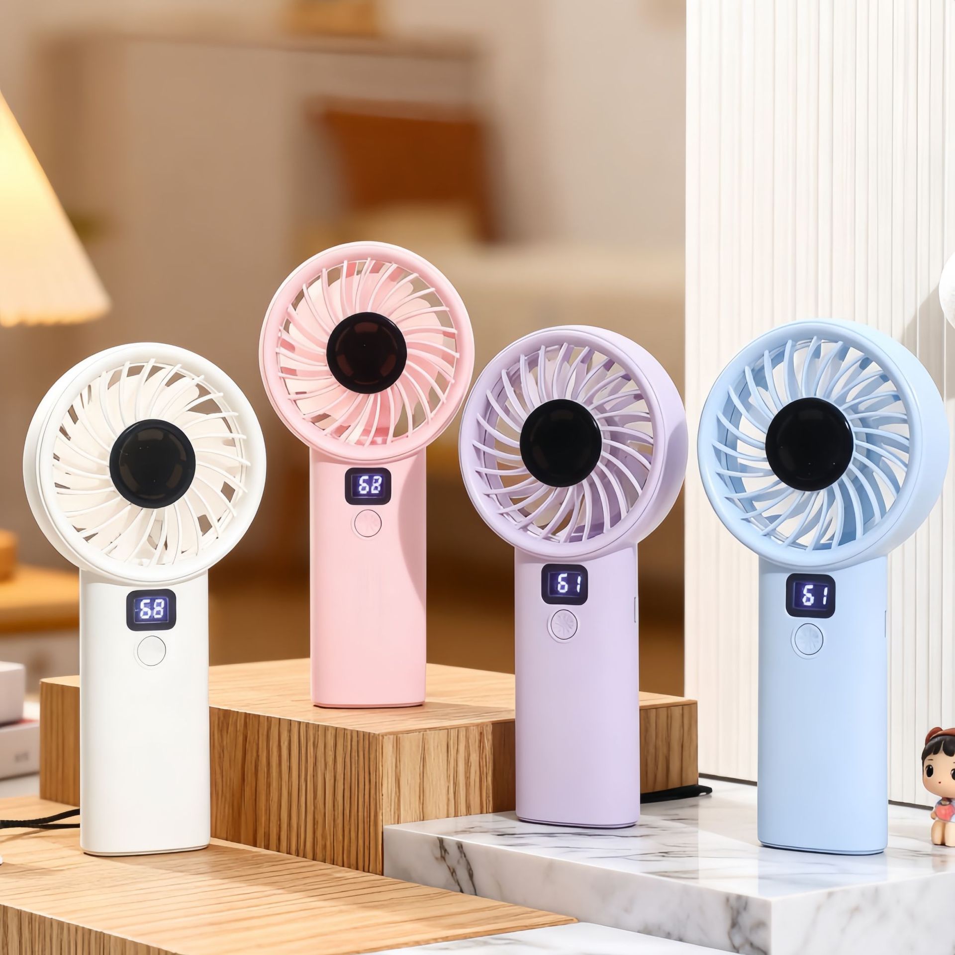 Mini ventilatore digitale portatile ricaricabile tramite USB, doppio utilizzo con supporto e moschettone, controllo continuo della velocità, attacco per borsa._voghion.com