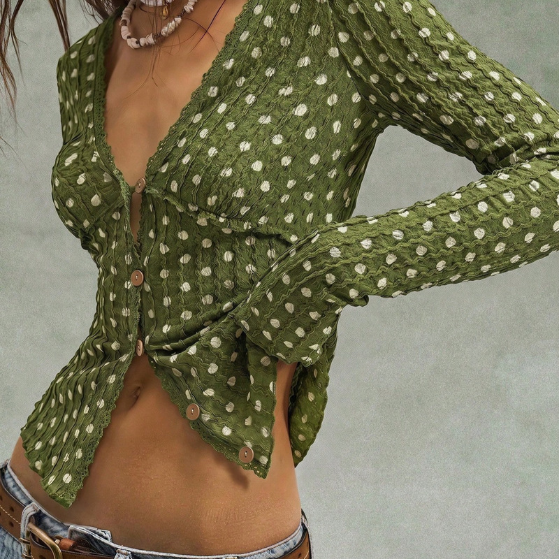 European and American hot girl style polka dot long-sleeve knitted top, V-neck ruffled lace short cardigan, European and American cross-border supply European and American hot girl style polka dot long-sleeve knitted top, V-neck ruffled lace short cardigan, European and American cross-border supply
