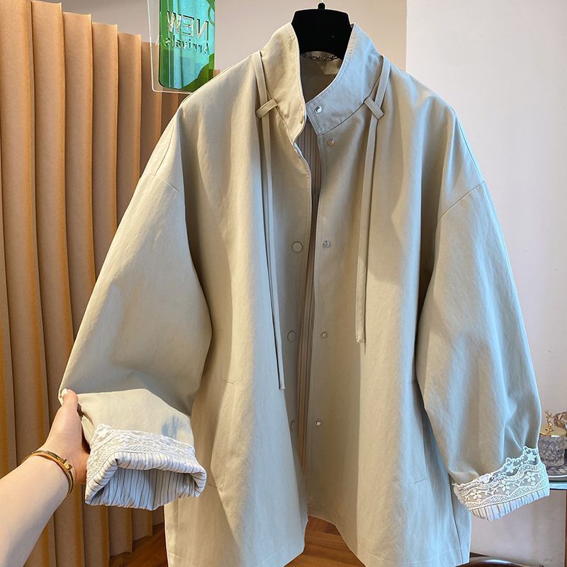 女性用の高級カフスレースウインドブレーカー、春と秋の気質、リボンシングルブレストルーズスタンドカラージャケットトップ、女性用|undefined