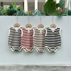 ins韓版夏季嬰兒寶寶 無袖背心條紋小熊哈衣圓領新生兒可愛爬爬服