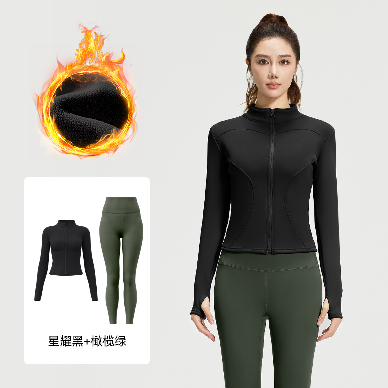 Juyi Tang otoño y invierno más terciopelo engrosado conjunto de ropa de yoga desnudo sensación delgada alta elástica a prueba de viento conjunto de acondicionamiento físico mujer