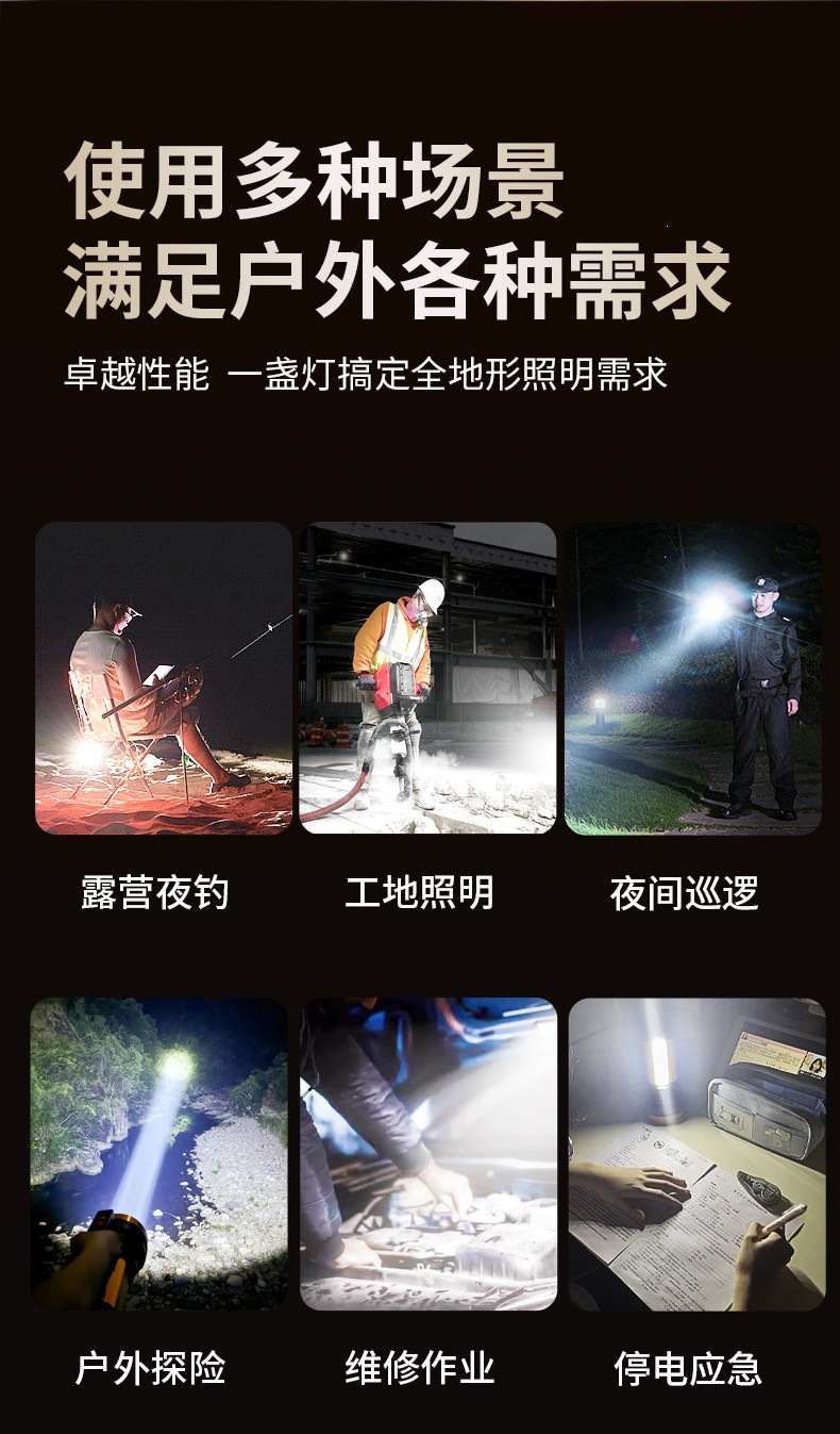High-brightness rechargeable flashlight, ultra-bright outdoor long-range work light, lithium battery multi-functional high-power portable searchlight