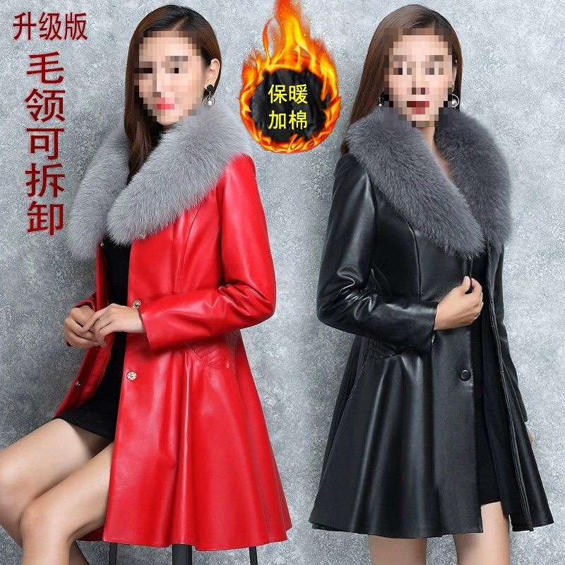 有大码海宁新款皮衣女中长款仿狐狸毛领皮衣加棉皮草外套羊皮风衣