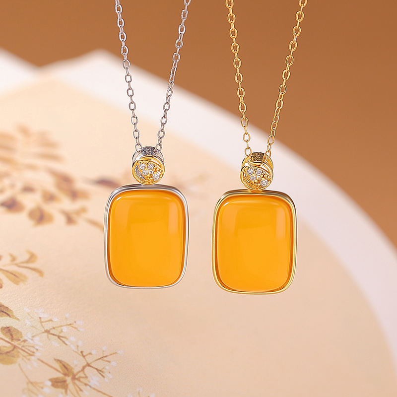Mặt dây chuyền bạc S925 mạ vàng mật ong hình lá tre phong cách hình học đơn giản — Loại bạc (không bao gồm dây xích)